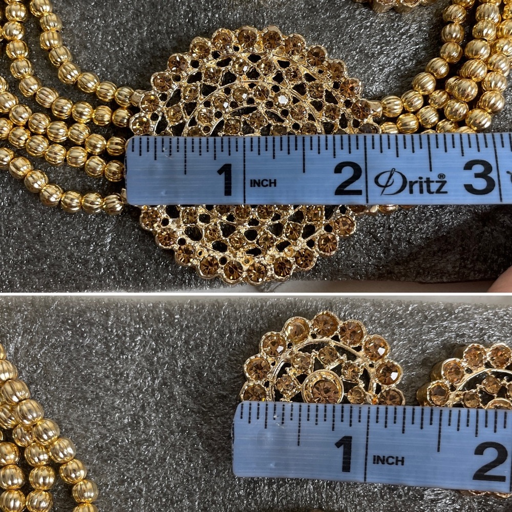 Touchstone Bollywood Yellow Rhinestone Gold Beaded Choker Necklace & Earrings - Picture 13 of 16